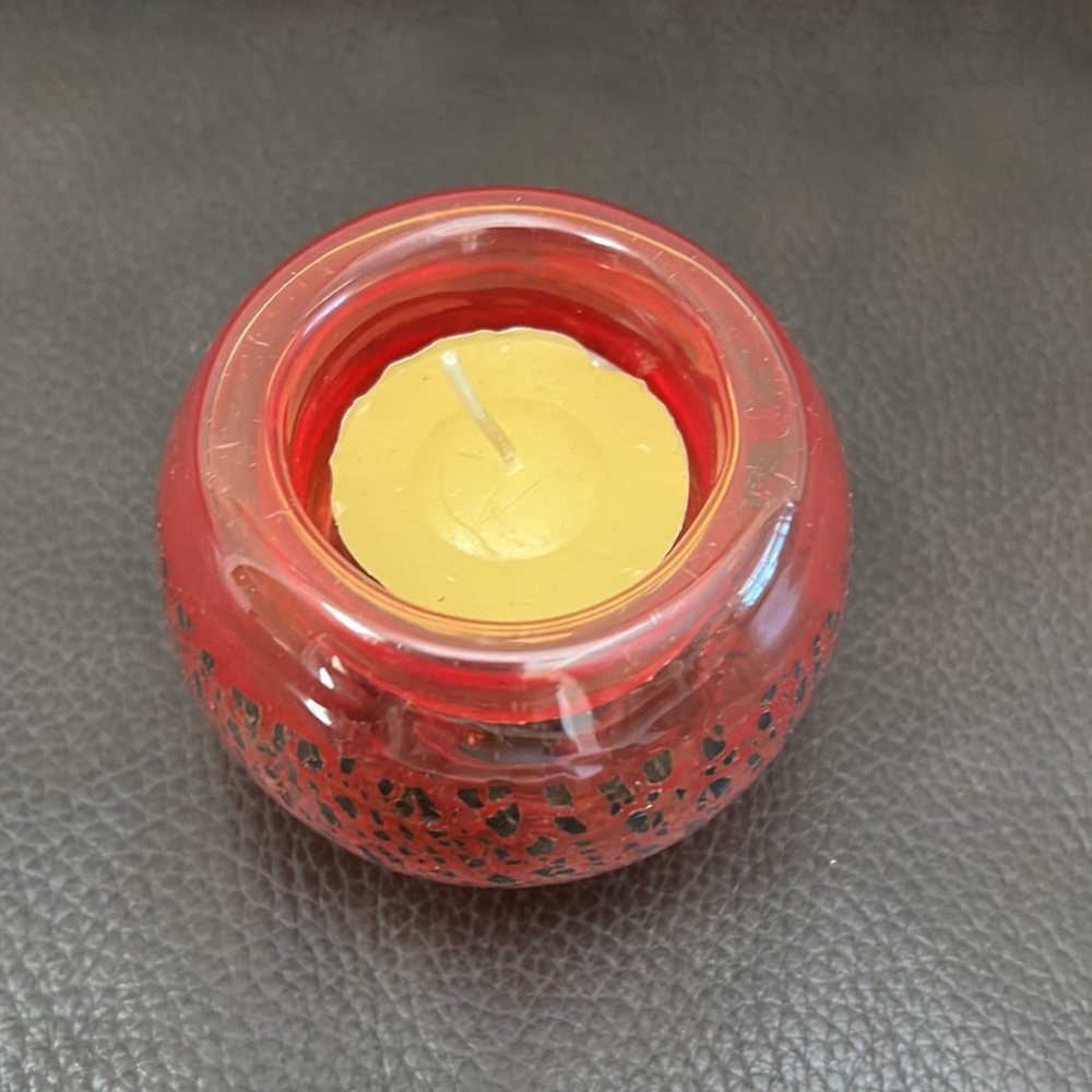 Murano Glass Orange Tea Light Candle Holder with Gold Fleck Accents